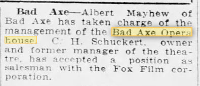 Bad Axe Opera House - 13 Jun 1928 Article (newer photo)